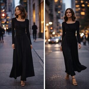 Commense Black Maxi Dress Medium Long Sleeve Stretch Minimalist Witchy Goth